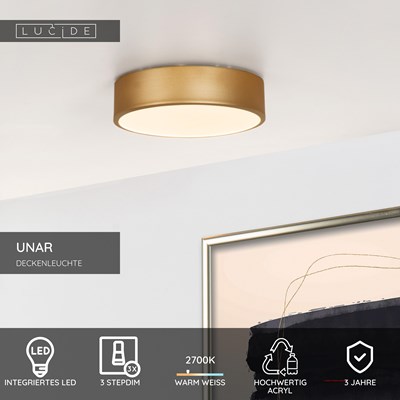 Lucide UNAR - Deckenleuchte - Ø 20 cm - LED 3 StepDim - 1x12W 2700K - Mattes Gold / Messing